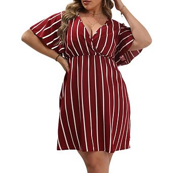 Women's Plus Size V Neck Flutter Short Sleeve Dress Elastic Waist A Line Stripe Mini Dress