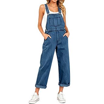 Women's Adjustable Strap Denim Overalls Loose Straight Leg Cropped Jumpsuit With Pockets