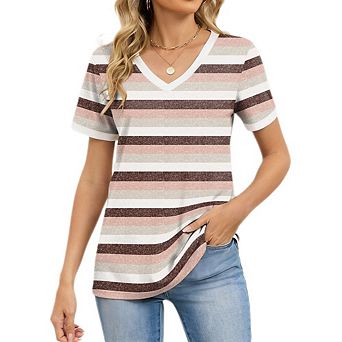 Women's Short Sleeve Casual Tunic Tee Color Block Striped V Neck Loose Fit Blouse