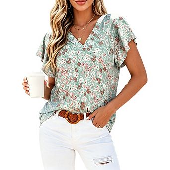 Women's Floral V Neck Flutter Short Sleeve Blouse Casual Loose Fit Tops