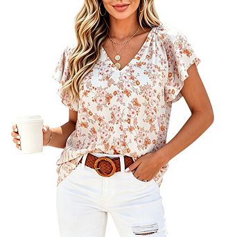 Women's Floral V Neck Flutter Short Sleeve Blouse Casual Loose Fit Tops