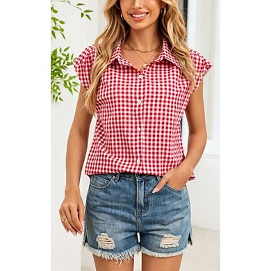 Women's Cap Sleeve Button Down Shirt Collared Loose Casual Blouse