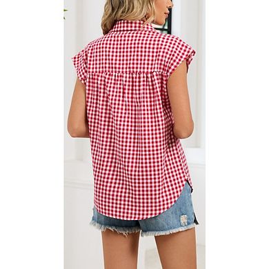 Women's Cap Sleeve Button Down Shirt Collared Loose Casual Blouse