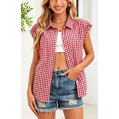 Women's Cap Sleeve Button Down Shirt Collared Loose Casual Blouse