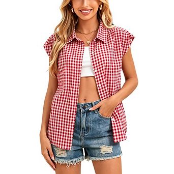 Women's Cap Sleeve Button Down Shirt Collared Loose Casual Blouse