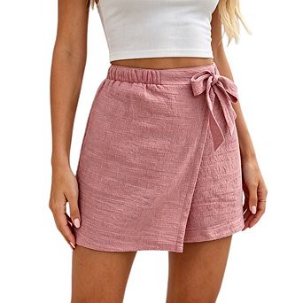 Women's High Waist Wrap Skort Self Tie Bow Elastic Waist Casual Mini Skirt Shorts