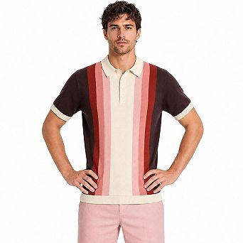 Men Vertical Stripe Collared Short Sleeve Knit Button Casual Beach Top