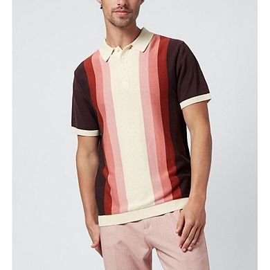 Men Vertical Stripe Collared Short Sleeve Knit Button Casual Beach Top