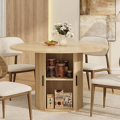 Round Dining Table for 4, Modern Kitchen Table with Built-in 2-Tier Storage Cabinet & Sliding Doors