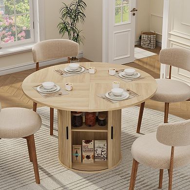 Round Dining Table for 4, Modern Kitchen Table with Built-in 2-Tier Storage Cabinet & Sliding Doors