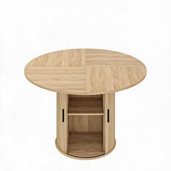 Round Dining Table for 4, Modern Kitchen Table with Built-in 2 tier Storage Cabinet & Sliding Doors