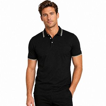 Men Striped Trim Collared Short Sleeve Knit Top Slim Fit Casual Golf Button Shirt