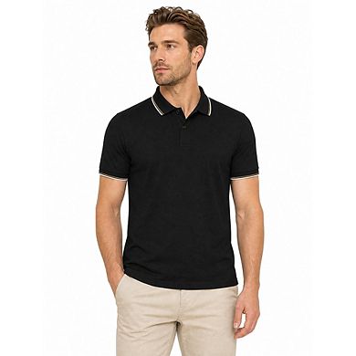 Men Striped Trim Collared Short Sleeve Knit Top Slim Fit Casual Golf Button Shirt