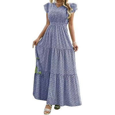 Womens Summer Casual Smocked Tiered Floral Boho Maxi Dress with V Neck Short Flutter Sleeve