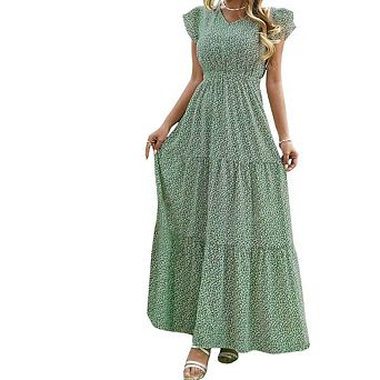 Womens Summer Casual Smocked Tiered Floral Boho Maxi Dress with V Neck Short Flutter Sleeve