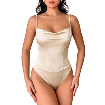 Women's Satin Cowl Neck Bodysuit, Pearl Adjustable Spaghetti Strap Fitted Tank Bodysuit