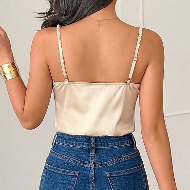Women's Satin Cowl Neck Bodysuit, Pearl Adjustable Spaghetti Strap Fitted Tank Bodysuit