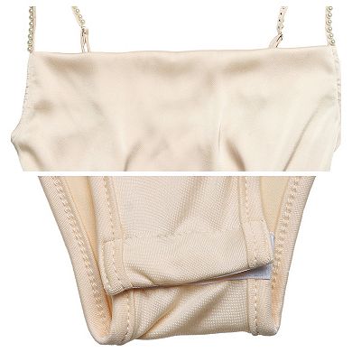 Women's Satin Cowl Neck Bodysuit, Pearl Adjustable Spaghetti Strap Fitted Tank Bodysuit