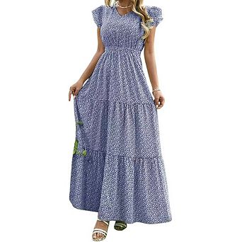 Womens Casual Summer Smocked Tiered Floral Boho Maxi Dress with Short Flutter Sleeve V Neck