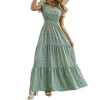 Womens Casual Summer Smocked Tiered Floral Boho Maxi Dress with Short Flutter Sleeve V Neck