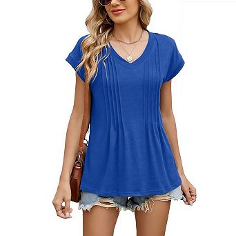 Womens Tops Summer Short Sleeve Pleated Dressy T Shirts Business Casual Basic V-Neck Outfits