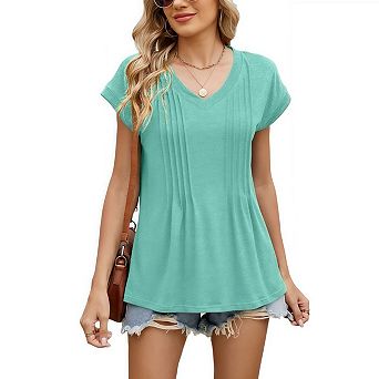 Womens Tops Summer Short Sleeve Pleated Dressy T Shirts Business Casual Basic V-Neck Outfits