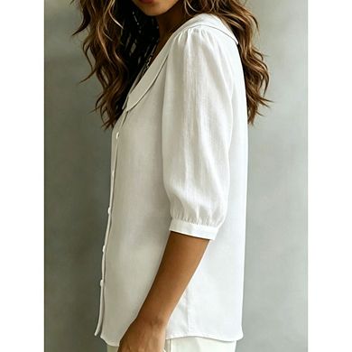 Women's Puff 3/4 Sleeve Button Down Loose V Neck Peter Pan Collar Blouse