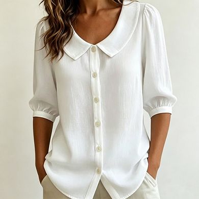 Women's Puff 3/4 Sleeve Button Down Loose V Neck Peter Pan Collar Blouse