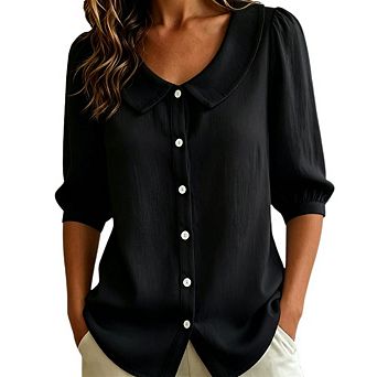 Women's Puff 3/4 Sleeve Button Down Loose V Neck Peter Pan Collar Blouse