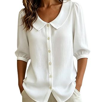 Women's Puff 3/4 Sleeve Button Down Loose V Neck Peter Pan Collar Blouse