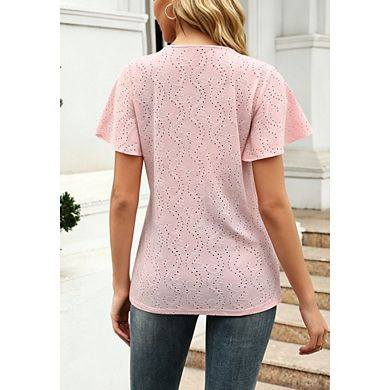Women's V Neck Eyelet Embroidery Flutter Short Sleeve Casual Tee