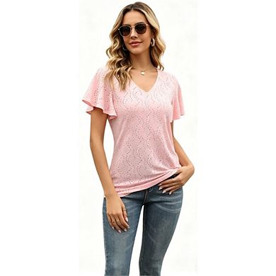 Women's V Neck Eyelet Embroidery Flutter Short Sleeve Casual Tee