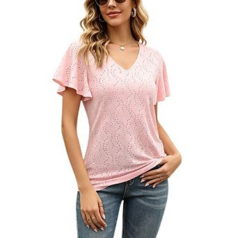 Women's V Neck Eyelet Embroidery Flutter Short Sleeve Casual Tee