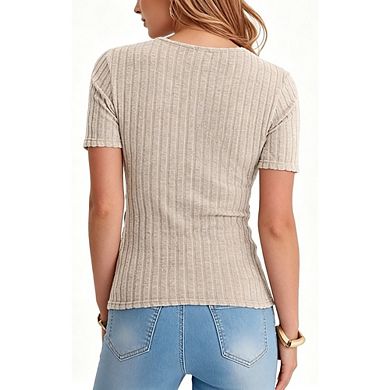 Women's Wrap V Neck Side Button Ruched Ribbed Short Sleeve Fitted Knit Top