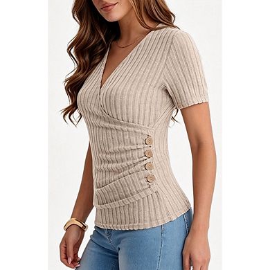 Women's Wrap V Neck Side Button Ruched Ribbed Short Sleeve Fitted Knit Top