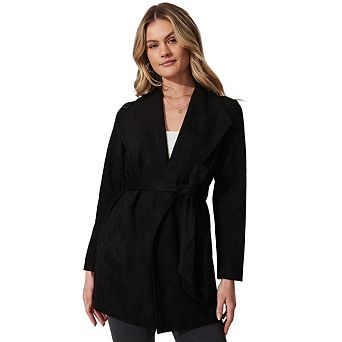 Women's Faux Suede Cardigan With Large Lapel Wool Sweater With Belt Lightweight Trench Coat