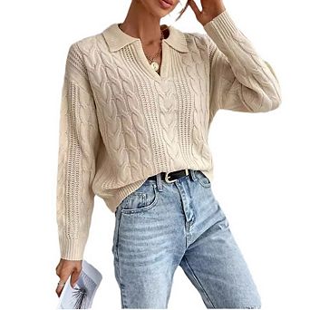 Women's Short Sleeved Knitted Sweater Top Solid Color Turn Down Collar V Neck Casual Soft Pullover