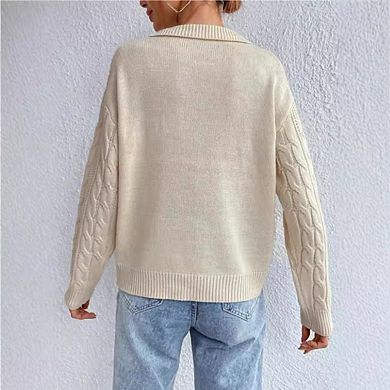Women's Short Sleeved Knitted Sweater Top Solid Color Turn Down Collar V Neck Casual Soft Pullover