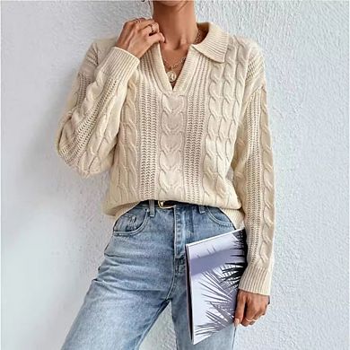 Women's Short Sleeved Knitted Sweater Top Solid Color Turn Down Collar V Neck Casual Soft Pullover