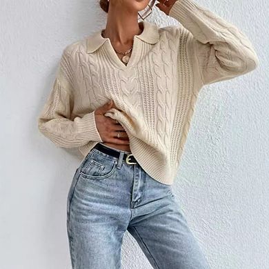 Women's Short Sleeved Knitted Sweater Top Solid Color Turn Down Collar V Neck Casual Soft Pullover