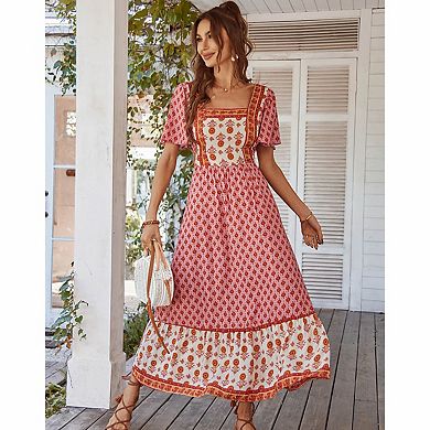 Women's Square Neck Floral Print Midi Dress