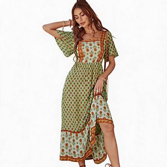 Women's Square Neck Floral Print Midi Dress