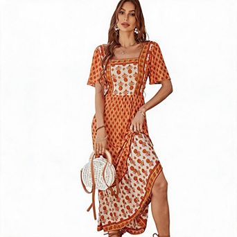 Women's Square Neck Floral Print Midi Dress