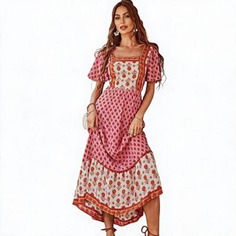 Women's Square Neck Floral Print Midi Dress