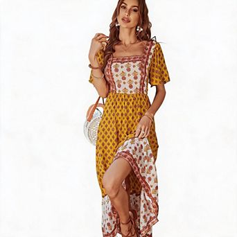 Women's Square Neck Floral Print Midi Dress