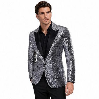 Men Full Sequin Tuxedo Blazer Black Satin Lapel One Button Party Stage Suit Jacket