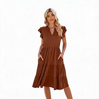 Women's Ruffle Sleeve Tiered Midi Dress