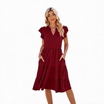 Women's Ruffle Sleeve Tiered Midi Dress