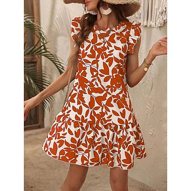 Women's Leaf Print Ruffle Sleeve Mini Dress