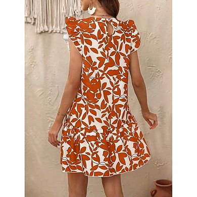 Women's Leaf Print Ruffle Sleeve Mini Dress